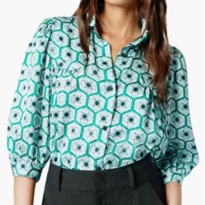 Smythe Teal and White Geometric Button Down Shirt, XS